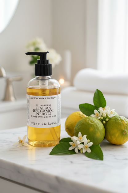 Bottle of all-natural Italian Bergamot Neroli soap on a marble surface with lemons and flowers.