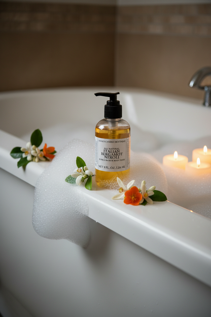 Bottle of soap on a bathtub with flowers and candles