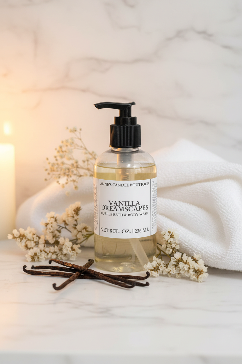 Bottle of Vanilla Dreamscape bubble bath and body wash with vanilla beans and flowers on a marble surface.