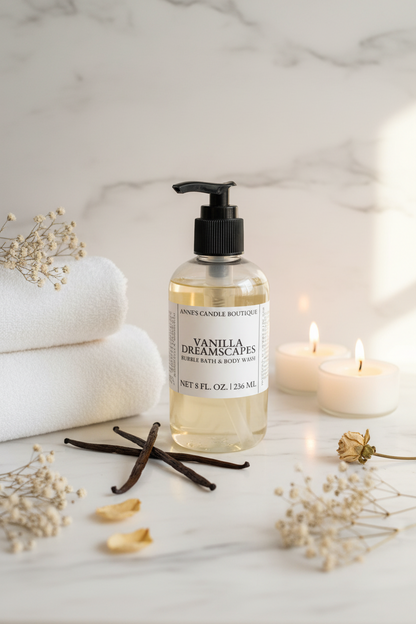 Bottle of Vanilla Dreamscapes body wash on a marble surface with candles and vanilla beans.
