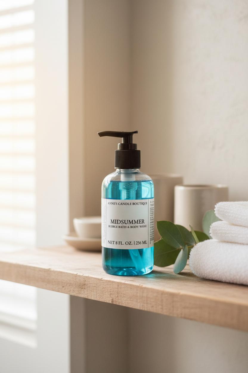 Blue bottle of Midsummer hand wash on a wooden surface with towels and a plant in the background.