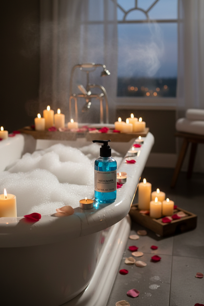 Bath tub with bubbles, candles, and a bottle of blue liquid in a romantic setting.