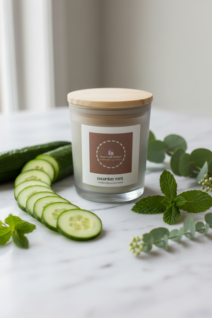 Candle with a wooden lid on a marble surface with cucumbers and mint leaves.