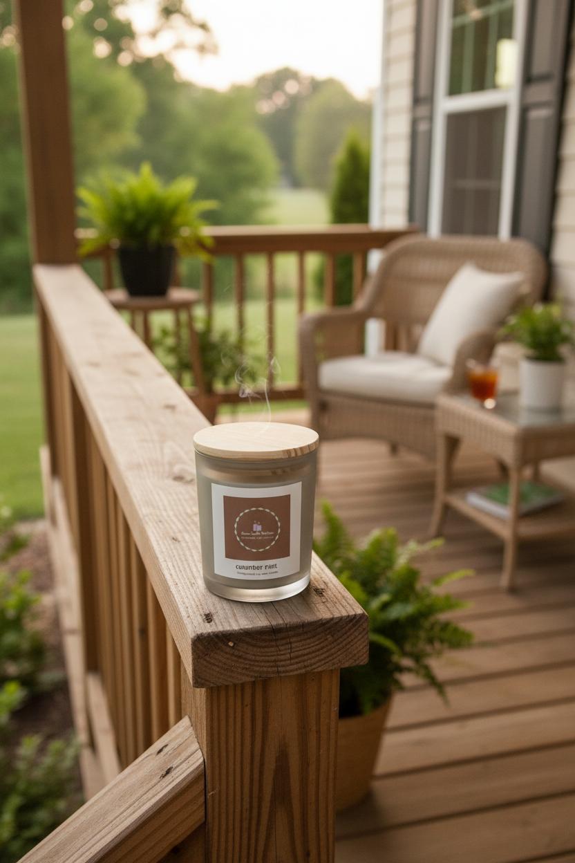Candle on a wooden railing with a patio and garden in the background