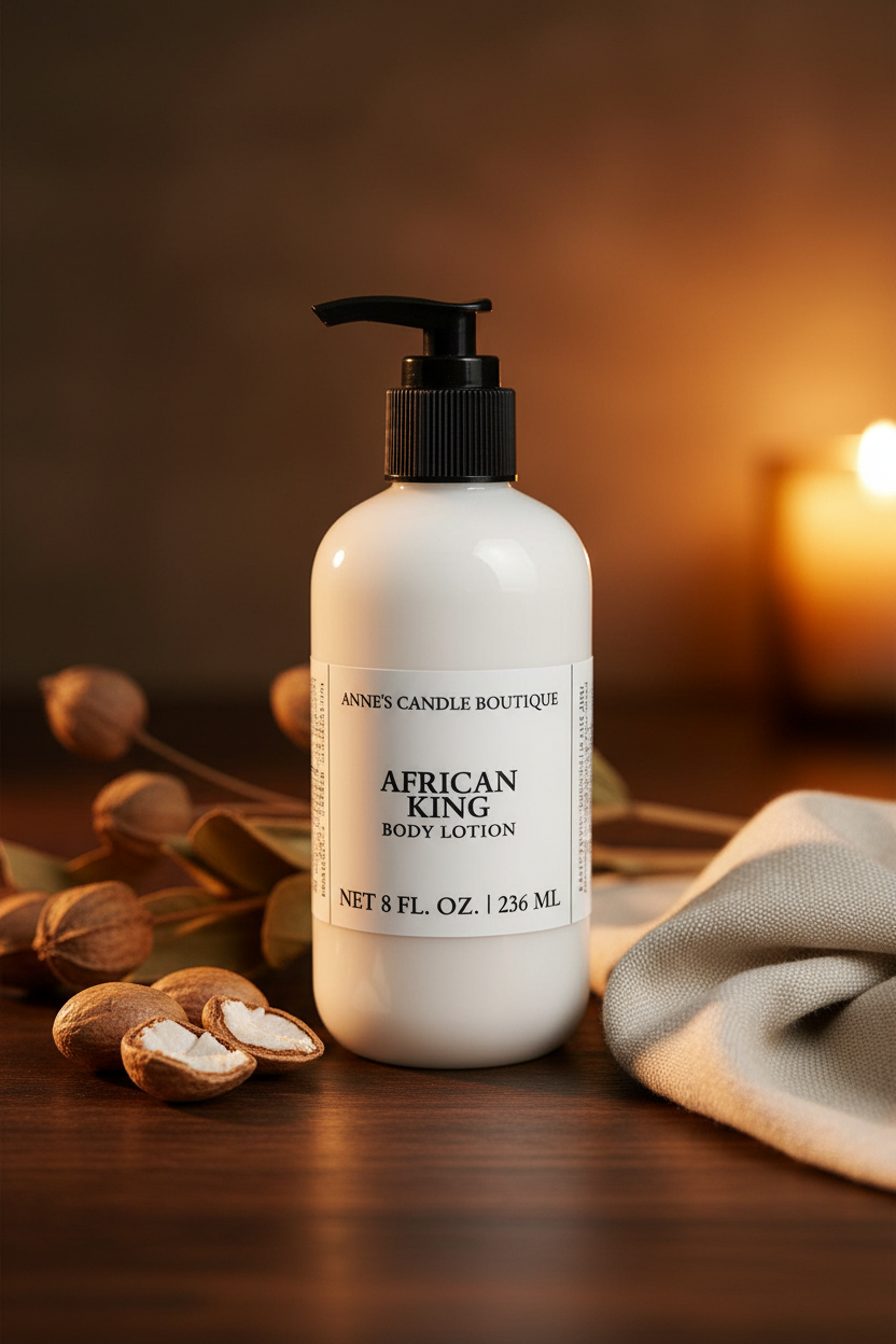 Body lotion bottle labeled 'African King' from Annie's Candle Boutique on a wooden surface with dried fruits and a candle in the background.