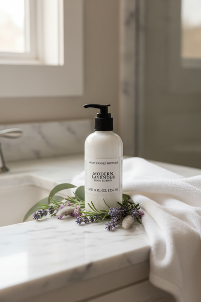 White lotion bottle with black pump on a marble surface with lavender flowers