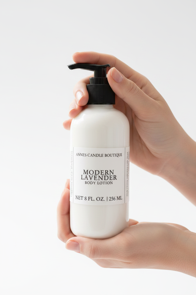 Hand holding a bottle of 'Modern Lavender' body lotion by Anne's Candle Boutique against a white background.