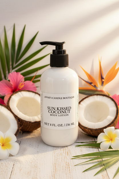 Body lotion bottle labeled 'Sun Kissed Coconut' with coconuts and flowers on a wooden surface.