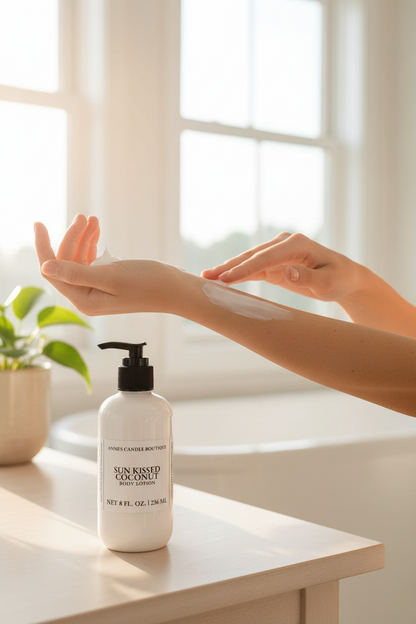 Person applying lotion to their arm with a bottle of lotion on a surface.