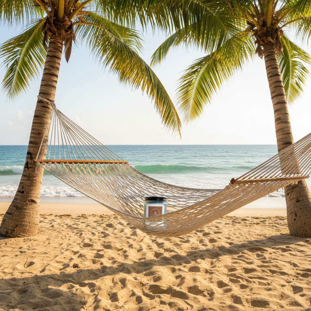 Hammock between two palm trees on a sandy beach with ocean view