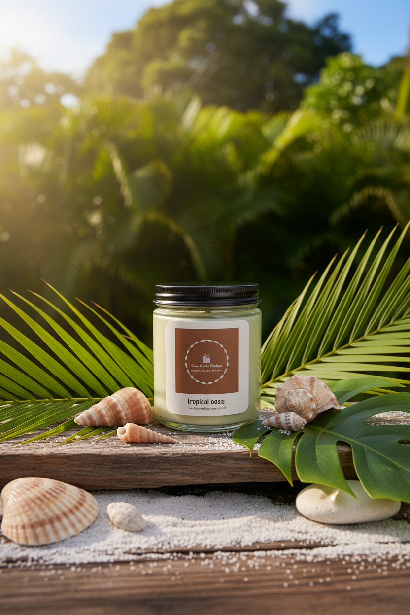 Candle with a label on a wooden platform surrounded by green leaves and shells