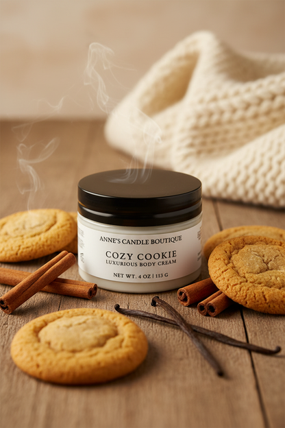 Body cream with cookies and cinnamon sticks on a wooden surface
