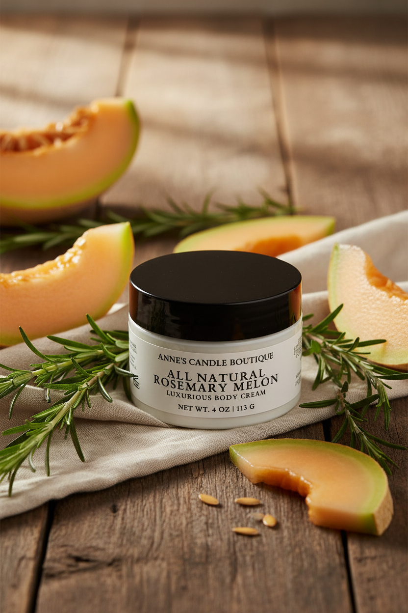 Jar of 'All Natural Rosemary Melon' body cream with slices of cantaloupe on a wooden surface
