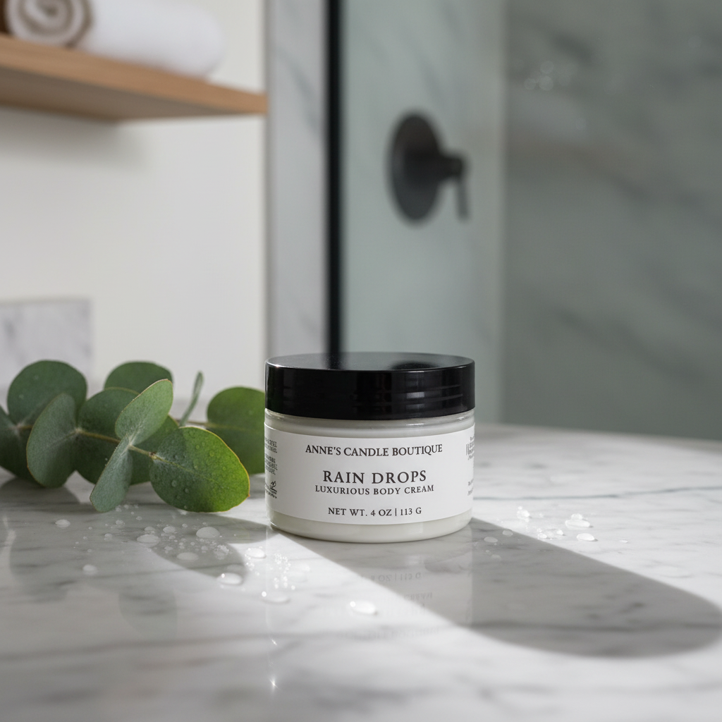 Jar of 'Rain Drops' body cream from Anne's Candle Boutique on a marble surface with eucalyptus leaves.