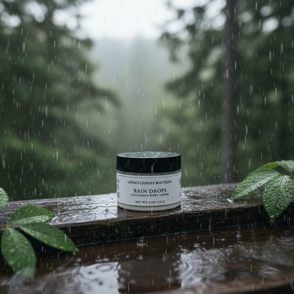 Jar of 'Rain Drops' candles by Anne's Candle Boutique on a wet surface with rain falling in the background.