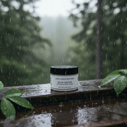 Jar of 'Rain Drops' candles by Anne's Candle Boutique on a wet surface with rain falling in the background.