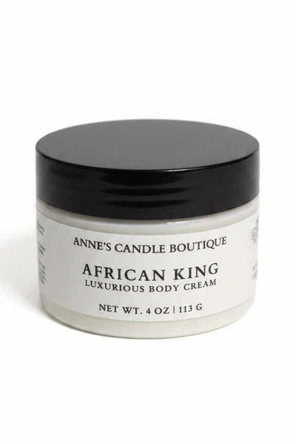 African King Hydrating Body Cream with Warm Woods, Spices and Musk in a 4 oz jar.
