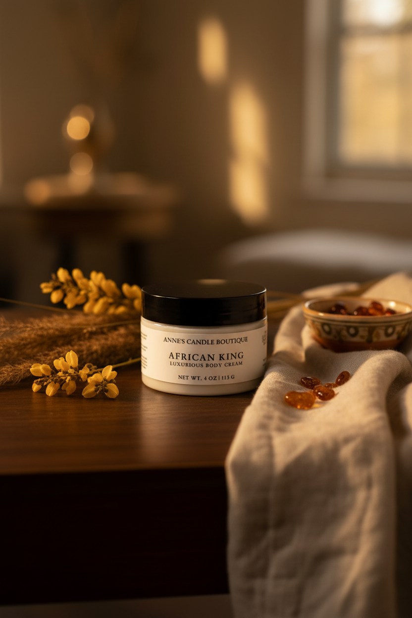 African King Luxurious Body Cream on a wooden table with dried flowers and amber stones under warm light.
