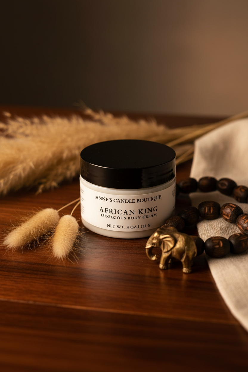 African King Hydrating Body Cream With Warm Woods Spices And Musk, jar on wooden table beside beads.