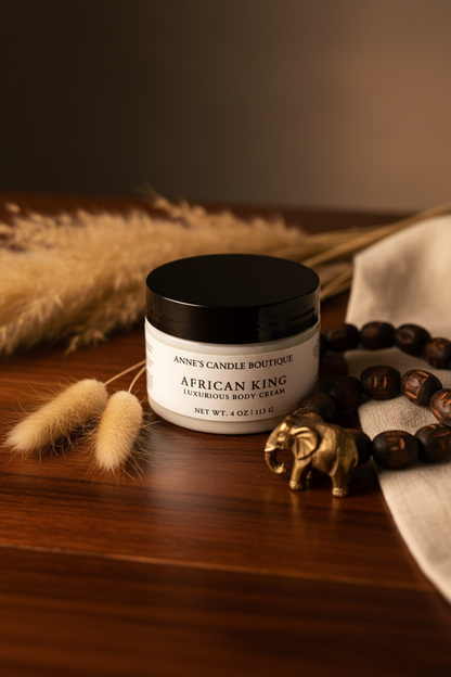 African King Hydrating Body Cream With Warm Woods Spices And Musk, jar on wooden table beside beads.