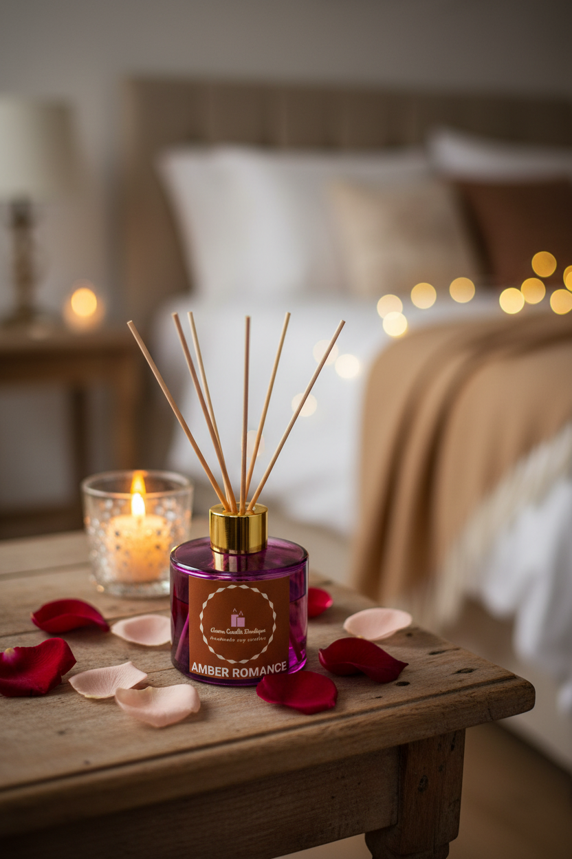 Purple diffuser with reeds on a wooden table in a bedroom setting with candles and flowers.