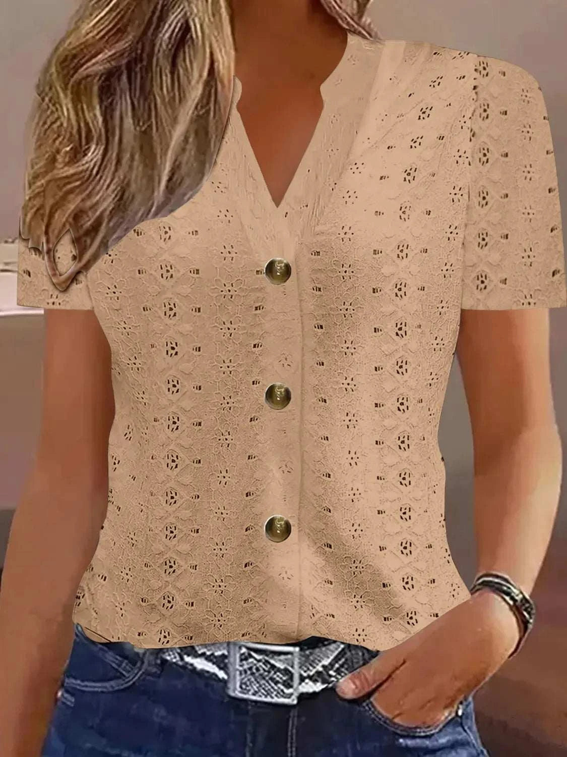 Openwork Notched Short Sleeve Top