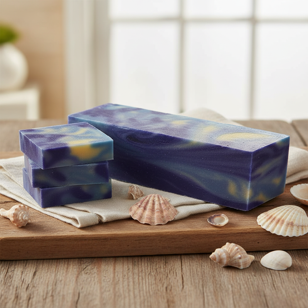 Two bars of purple and blue soap with swirl patterns on a wooden board with seashells.