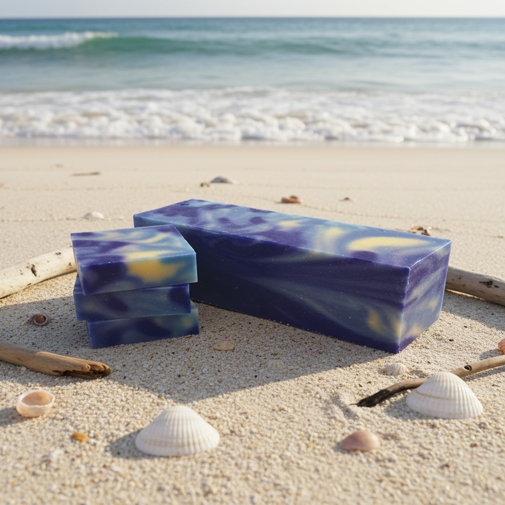 Two purple and blue striped soap bars on a sandy beach with ocean waves in the background.