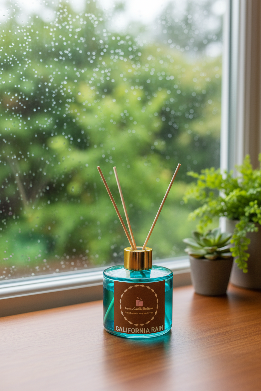 Diffuser bottle labeled 'California Rain' on a windowsill with raindrops on the glass