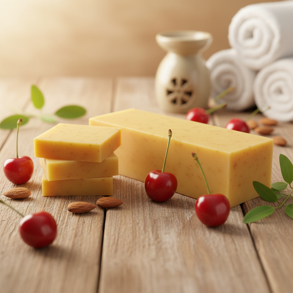 Yellow soap bars with cherries and almonds on a wooden surface, with towels and an oil diffuser in the background.