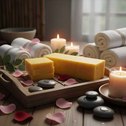 Spa setting with candles, towels, and soap on a wooden tray.