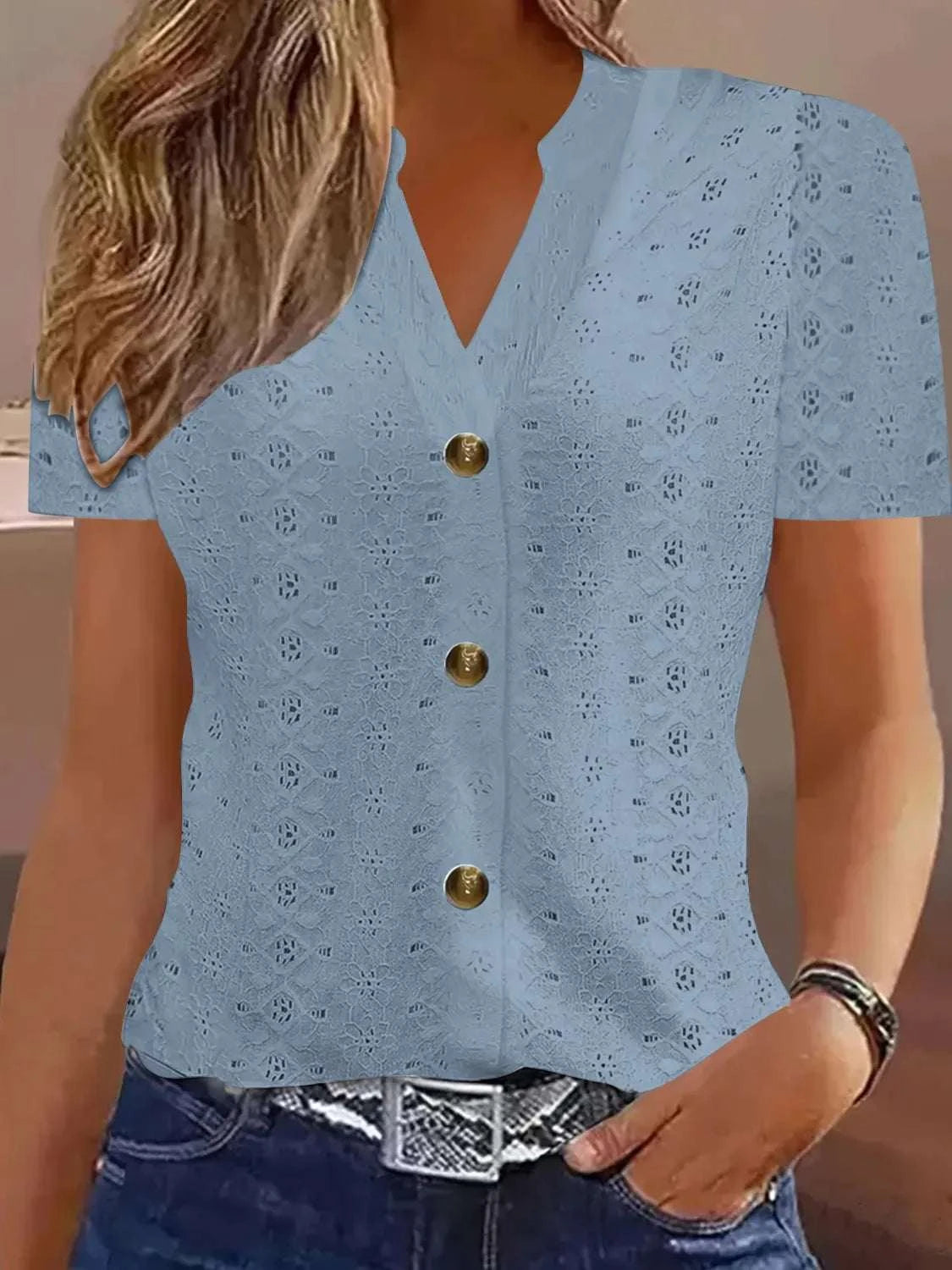 Openwork Notched Short Sleeve Top