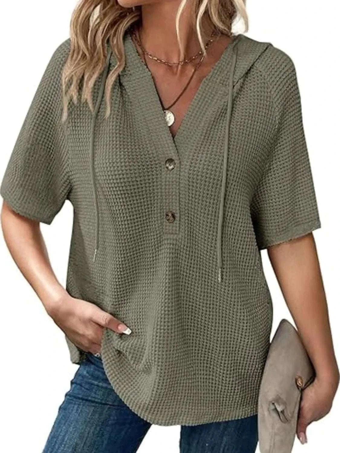 Drawstring Waffle - Knit Short Sleeve Hooded Top - Anne’s Candle Boutique