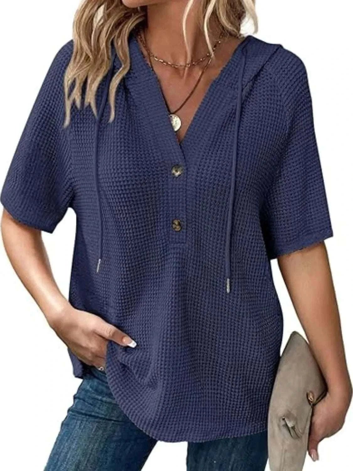 Drawstring Waffle - Knit Short Sleeve Hooded Top - Anne’s Candle Boutique