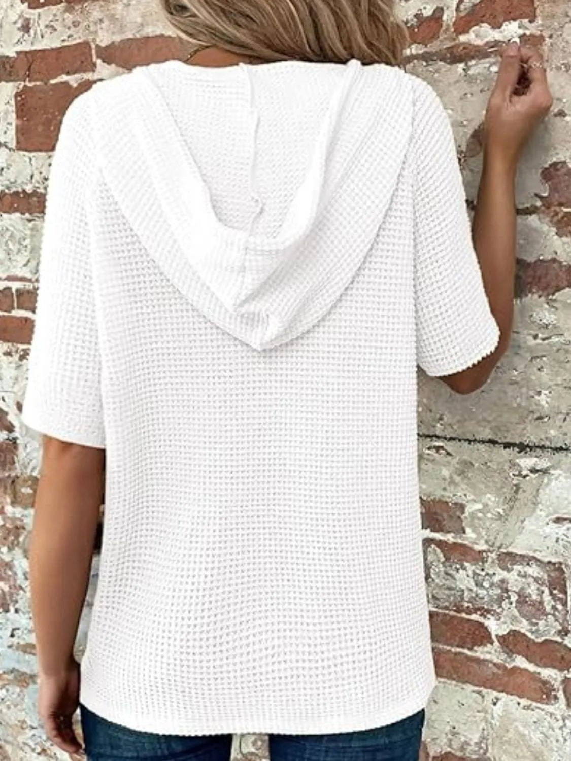Drawstring Waffle - Knit Short Sleeve Hooded Top - Anne’s Candle Boutique