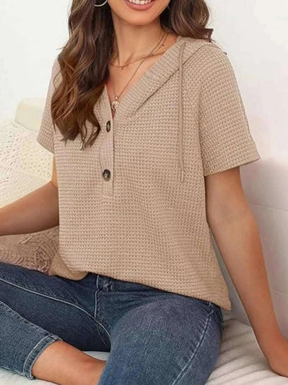 Drawstring Waffle - Knit Short Sleeve Hooded Top - Anne’s Candle Boutique