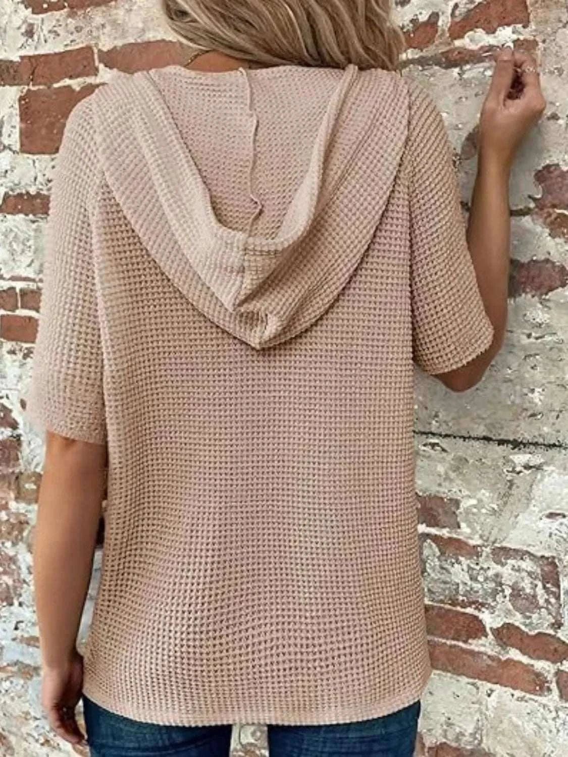 Drawstring Waffle - Knit Short Sleeve Hooded Top - Anne’s Candle Boutique
