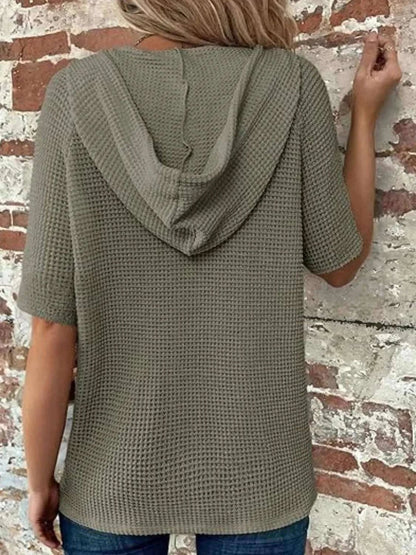 Drawstring Waffle - Knit Short Sleeve Hooded Top - Anne’s Candle Boutique