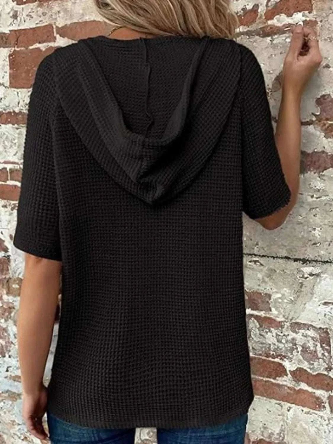 Drawstring Waffle - Knit Short Sleeve Hooded Top - Anne’s Candle Boutique