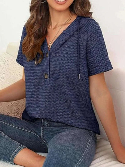 Drawstring Waffle - Knit Short Sleeve Hooded Top - Anne’s Candle Boutique