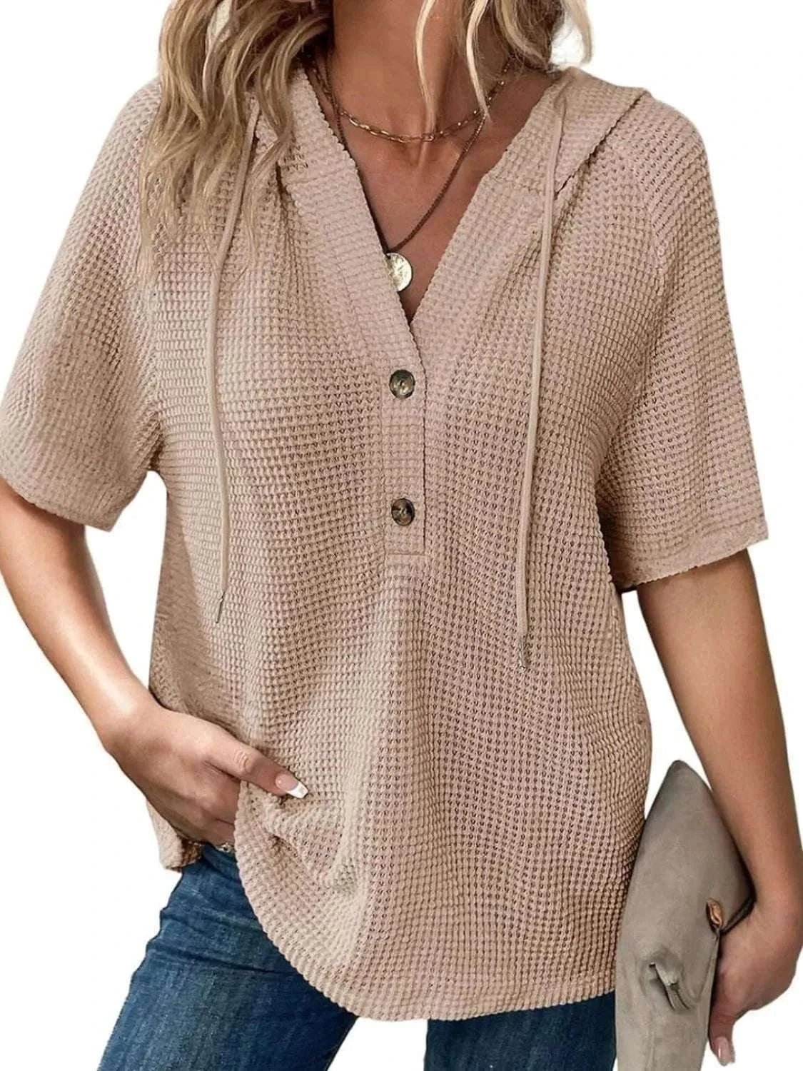 Drawstring Waffle - Knit Short Sleeve Hooded Top - Anne’s Candle Boutique