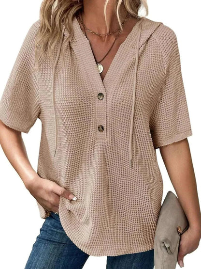 Drawstring Waffle - Knit Short Sleeve Hooded Top - Anne’s Candle Boutique