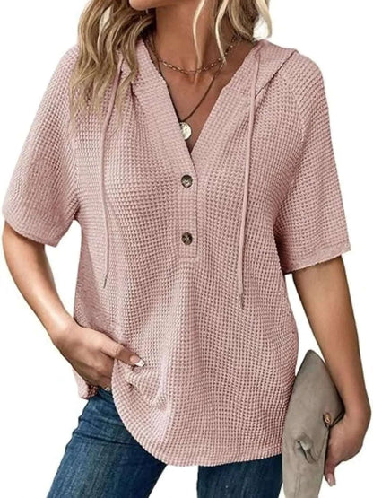 Drawstring Waffle - Knit Short Sleeve Hooded Top - Anne’s Candle Boutique