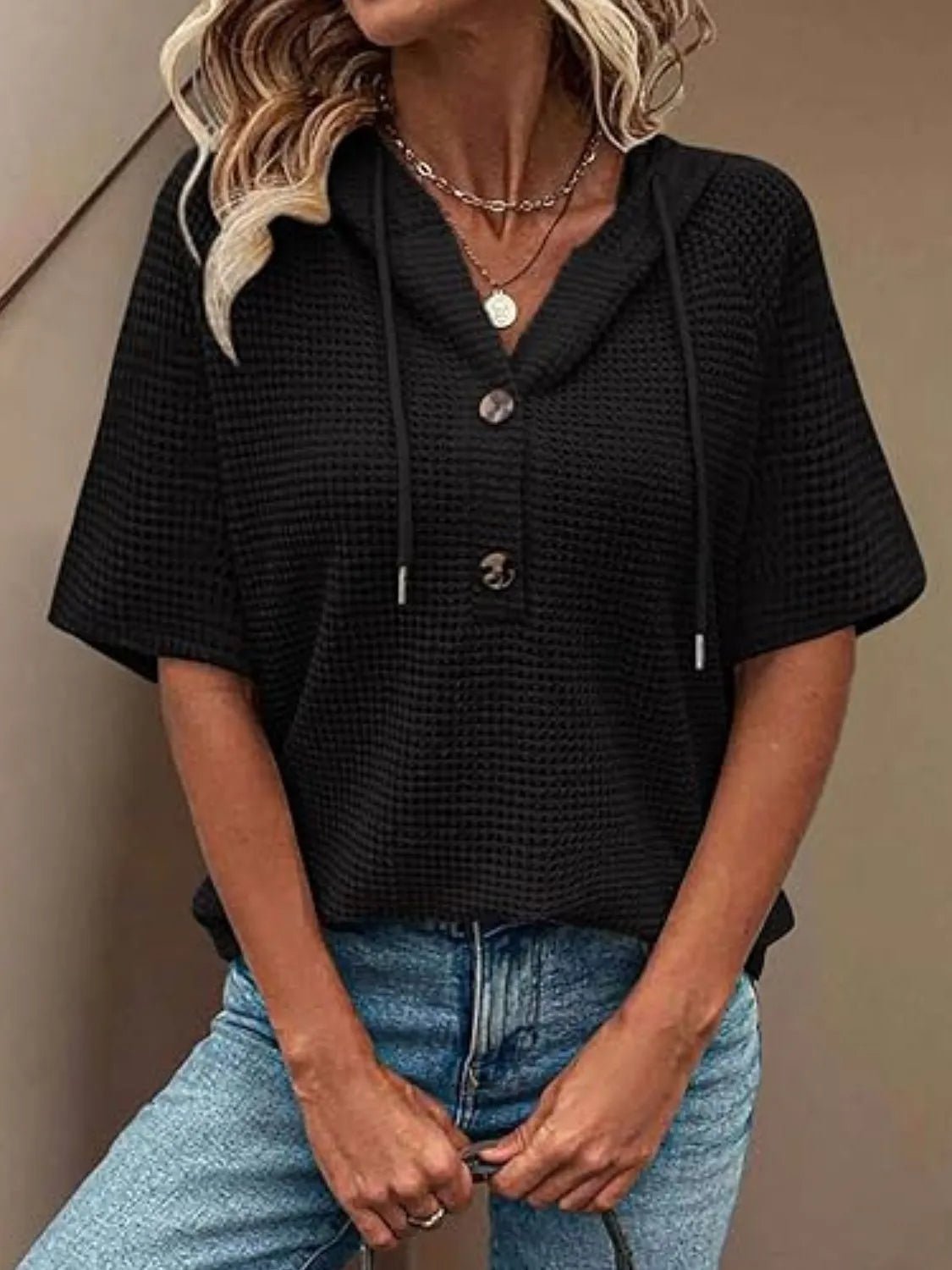 Drawstring Waffle - Knit Short Sleeve Hooded Top - Anne’s Candle Boutique