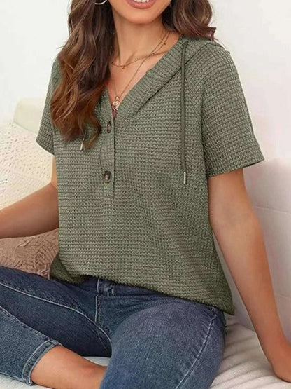 Drawstring Waffle - Knit Short Sleeve Hooded Top - Anne’s Candle Boutique