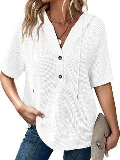 Drawstring Waffle - Knit Short Sleeve Hooded Top - Anne’s Candle Boutique