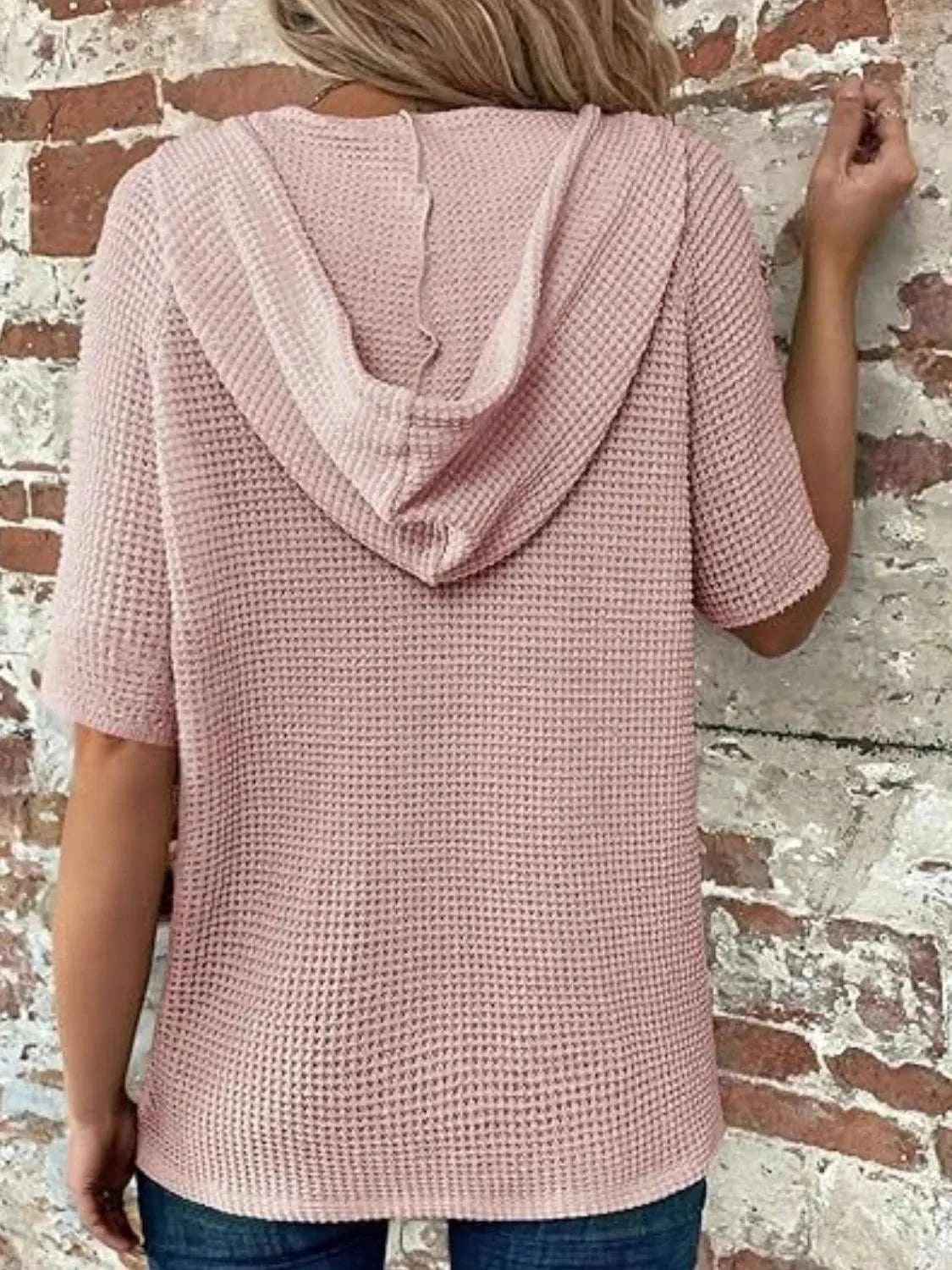 Drawstring Waffle - Knit Short Sleeve Hooded Top - Anne’s Candle Boutique