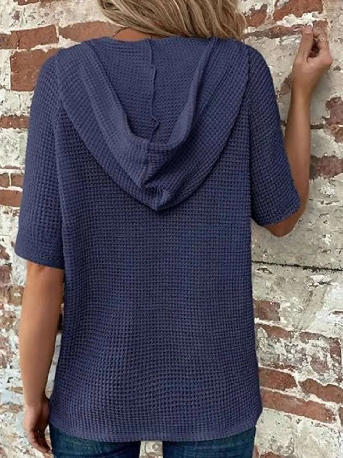 Drawstring Waffle - Knit Short Sleeve Hooded Top - Anne’s Candle Boutique