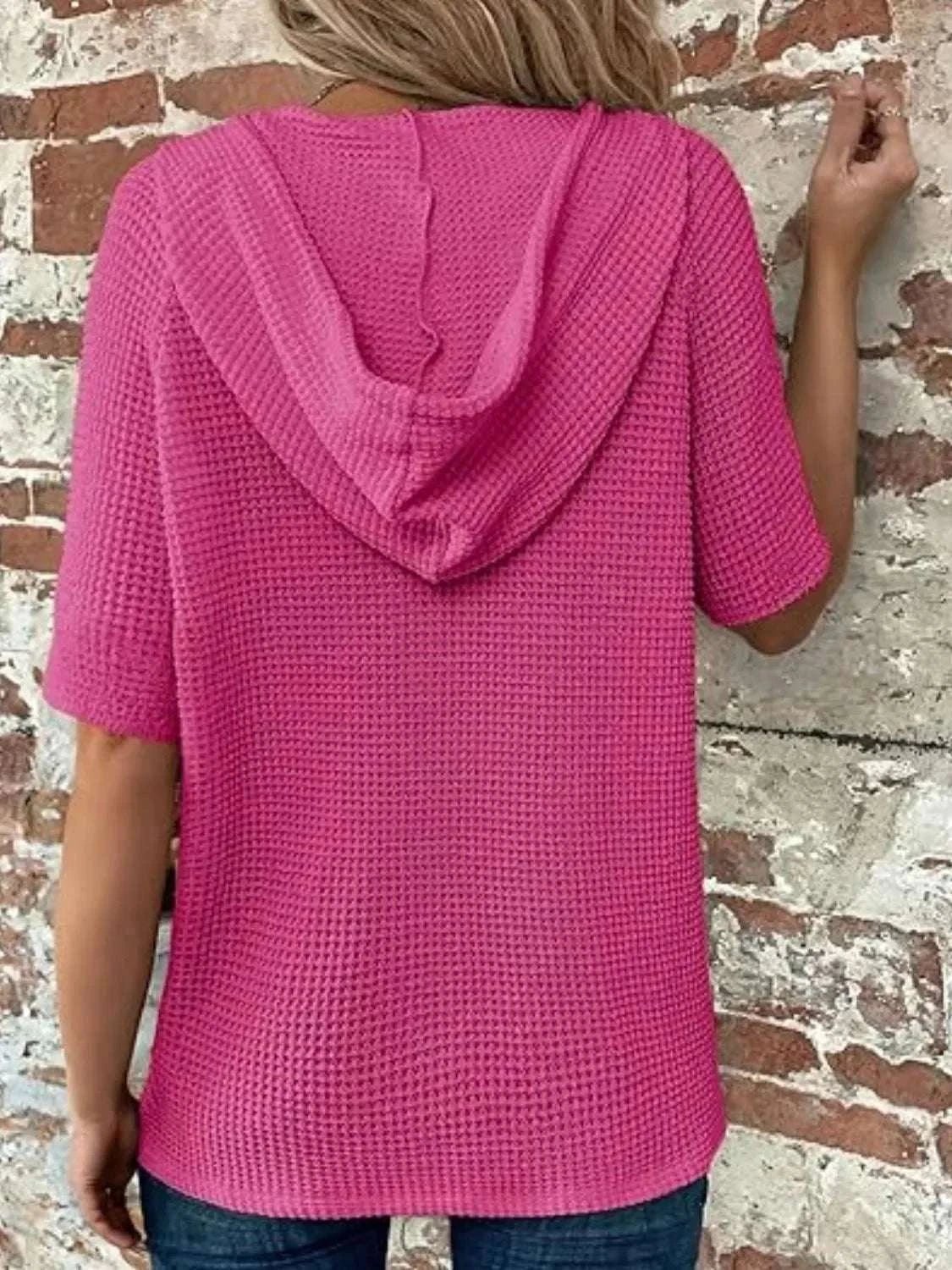 Drawstring Waffle - Knit Short Sleeve Hooded Top - Anne’s Candle Boutique