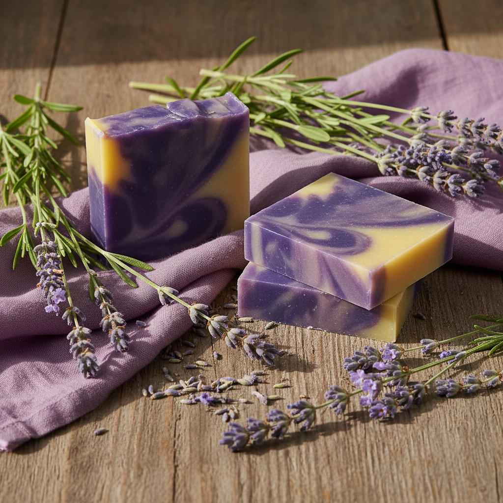 Two bars of purple and yellow soap with lavender flowers on a wooden surface